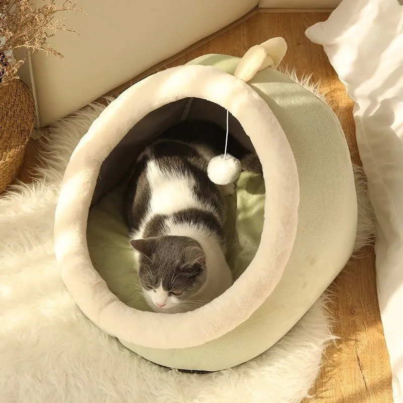 Semi-enclosed cat house with dinosaur pattern, removable washable mat, size L for large cats