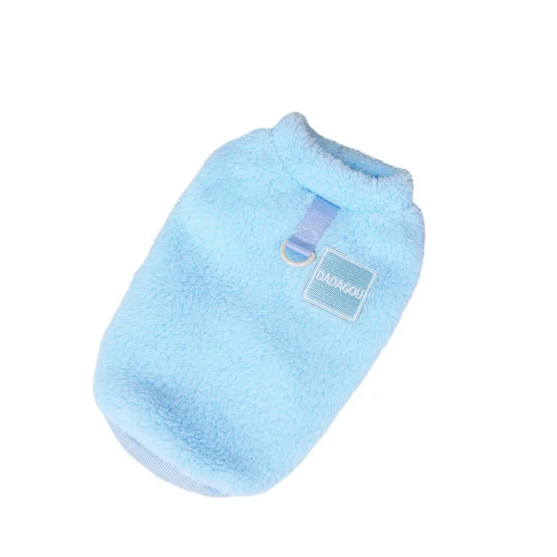 A soft coral fleece dog jacket shown in blue, available in sizes S to XXL.