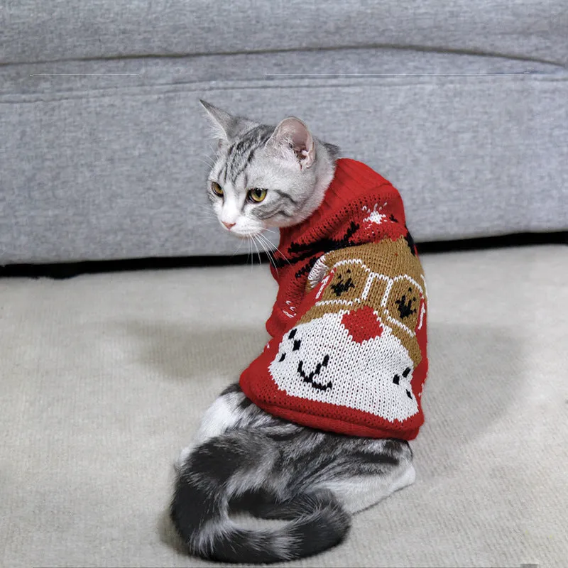Acrylic pet sweater with high collar in Christmas tree deer big red colour on a dog, side view