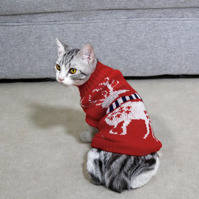 Acrylic pet sweater with high collar in Christmas tree deer big red colour on a dog, side view