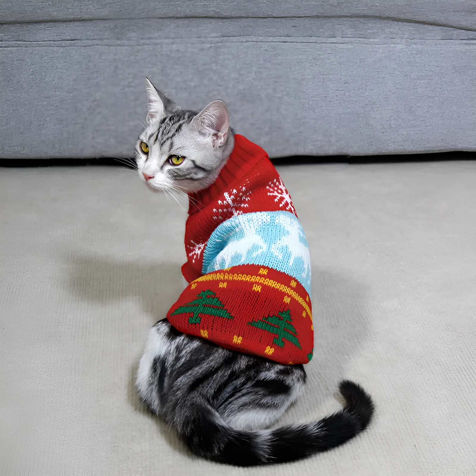 Acrylic pet sweater with high collar in Christmas tree deer big red colour on a dog, side view