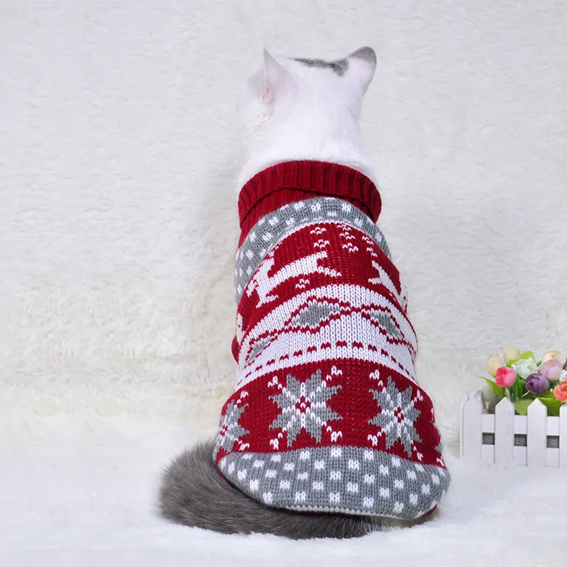 Acrylic pet sweater with high collar in Christmas tree deer big red colour on a dog, side view