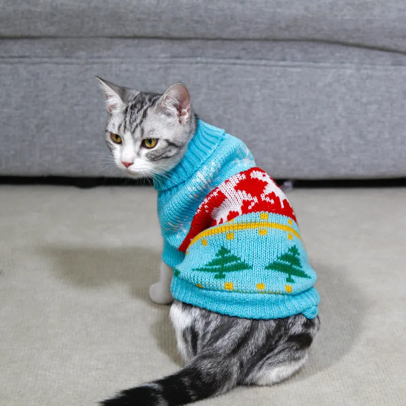 Acrylic pet sweater with high collar in Christmas tree deer big red colour on a dog, side view