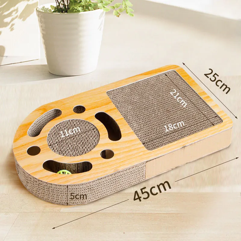 Corrugated paper cat scratching board with removable ball toy in multiple style options