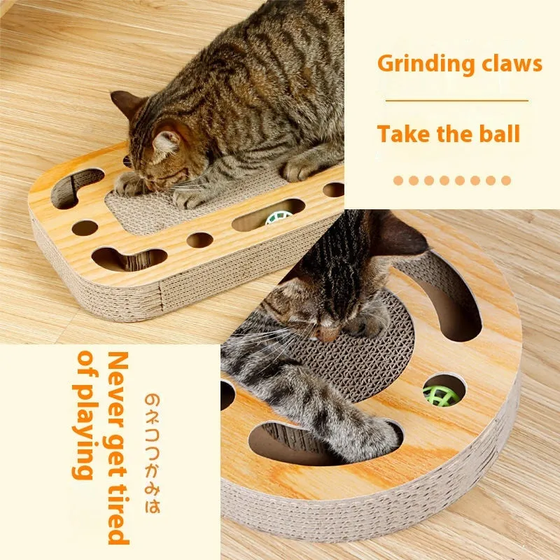 Corrugated paper cat scratching board with removable ball toy in multiple style options