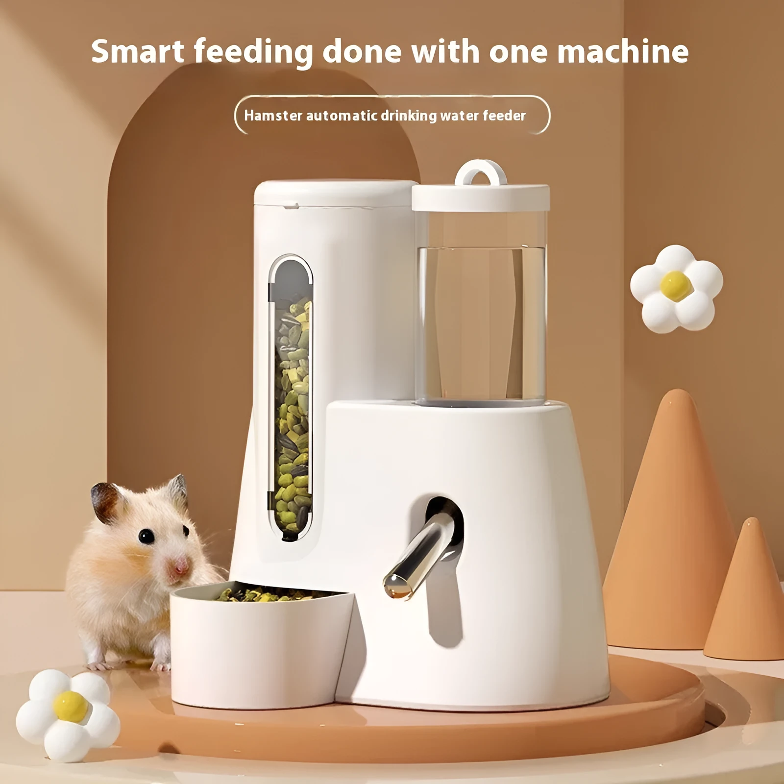 White, blue, and pink plastic hamster automatic drinking water feeder and food basin set.