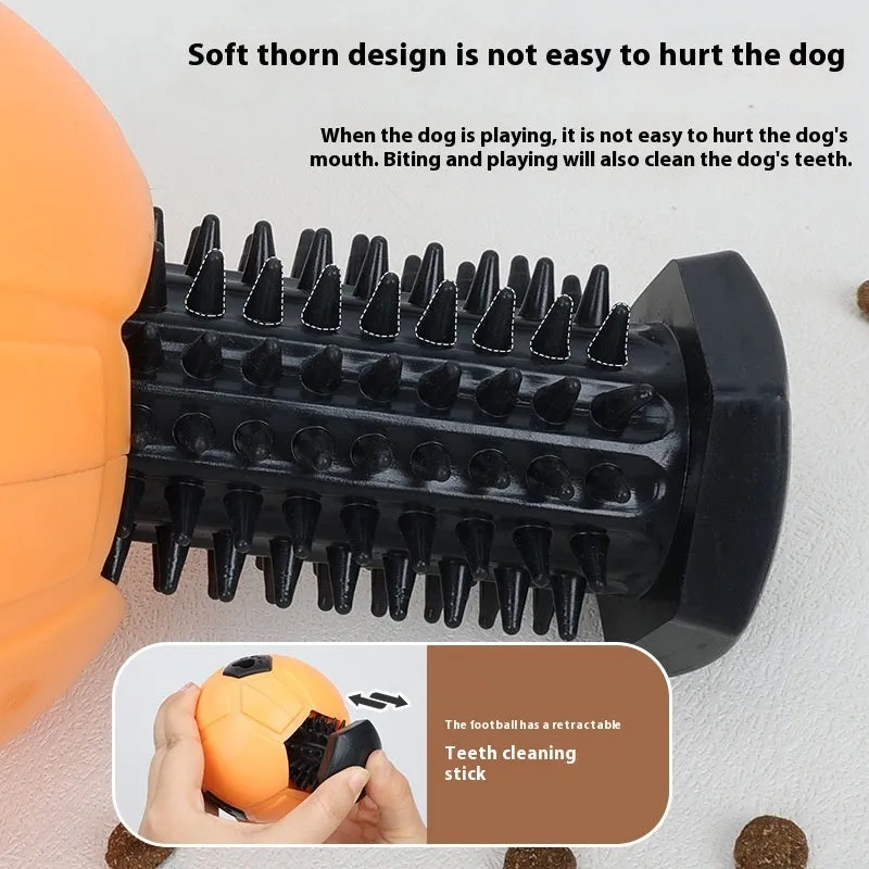 Orange and white TPR rubber dog toy ball showing hollow and teeth cleaning stick variations