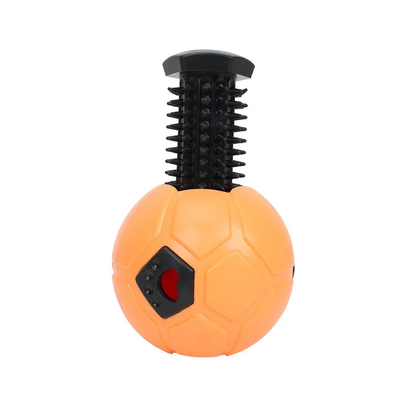 Orange and white TPR rubber dog toy ball showing hollow and teeth cleaning stick variations