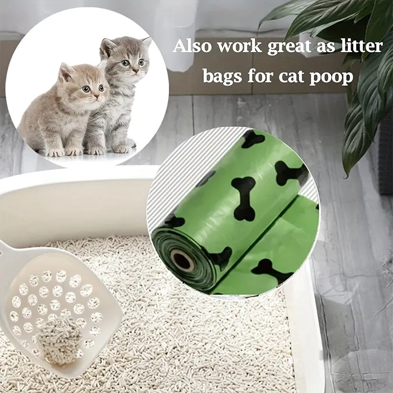 Biodegradable thickened dog poop bags in black and green on a roll with dispenser for pet waste cleanup.