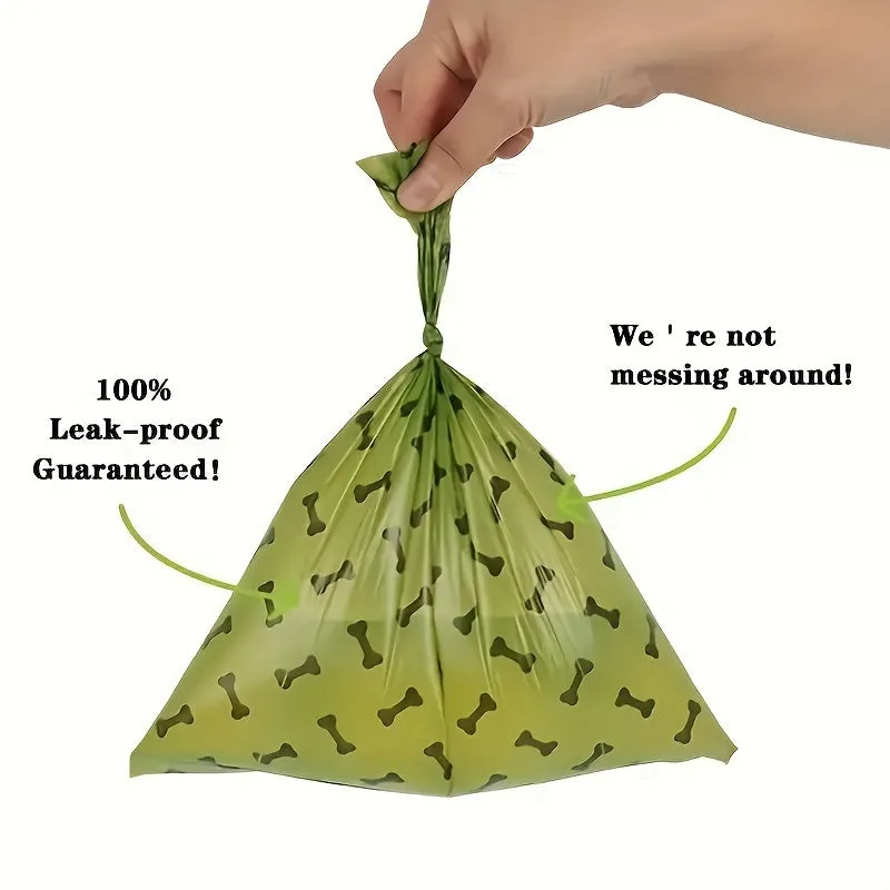Biodegradable thickened dog poop bags in black and green on a roll with dispenser for pet waste cleanup.