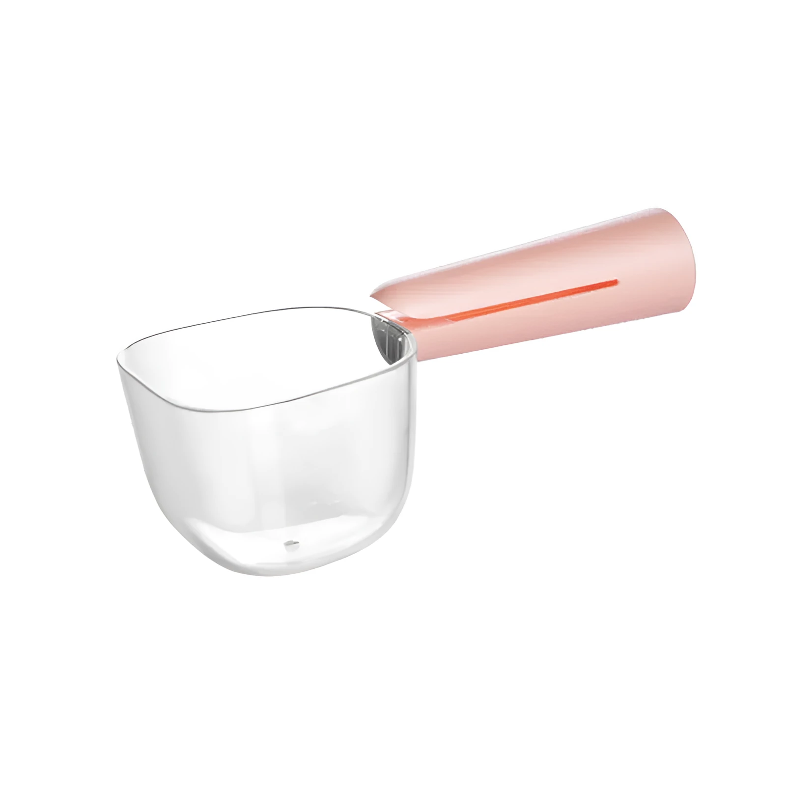 Transparent plastic pet food spoon with scale markings for measuring cat and dog dry food, available in Blue Pink White