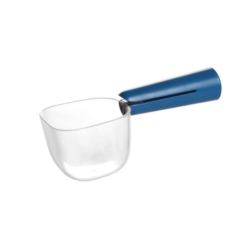 Transparent plastic pet food spoon with scale markings for measuring cat and dog dry food, available in Blue Pink White