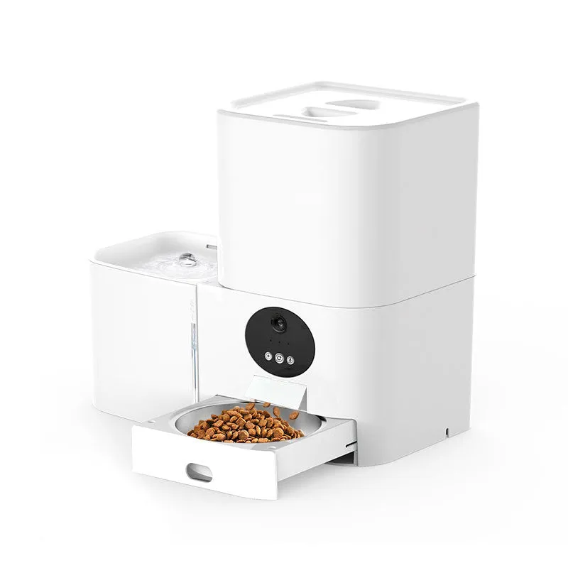Smart WiFi two-in-one electric pet feeder in white with food and water compartments