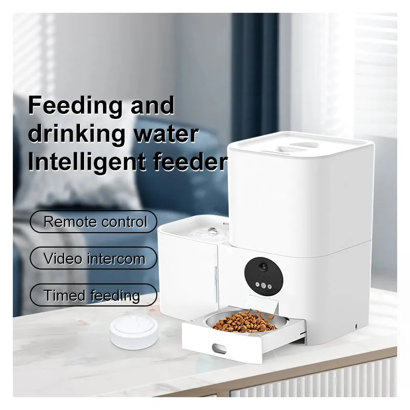 Smart WiFi two-in-one electric pet feeder in white with food and water compartments