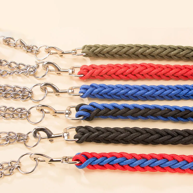 Heavy-duty nylon braided dog collar and leash set in black with rotatable hook on a dog