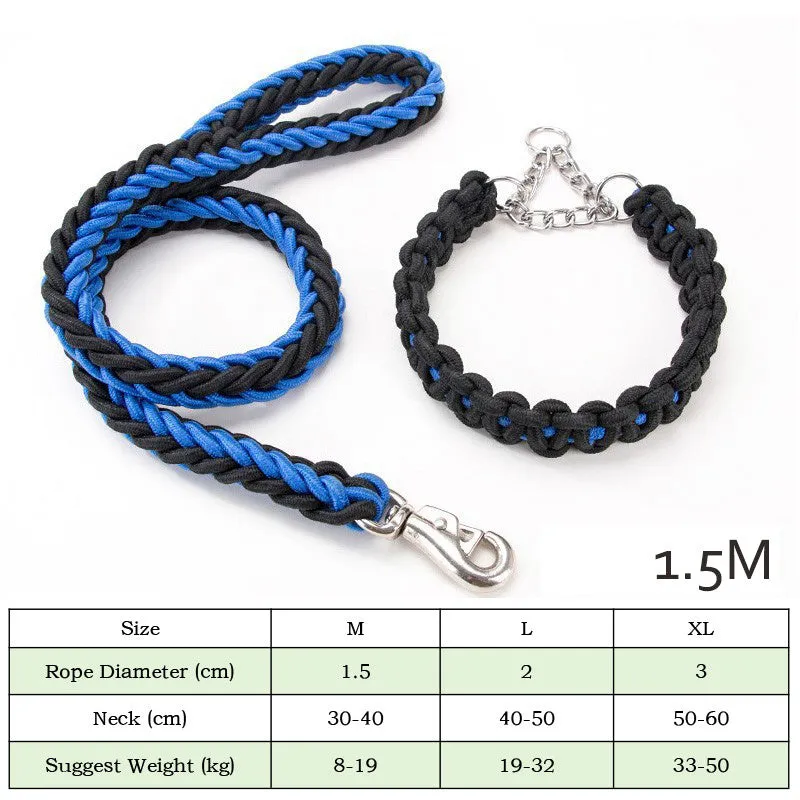 Heavy-duty nylon braided dog collar and leash set in black with rotatable hook on a dog