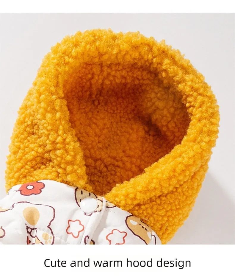 Yellow quilted cotton four-legged dog coat with sherpa hood and animal prints on a small dog