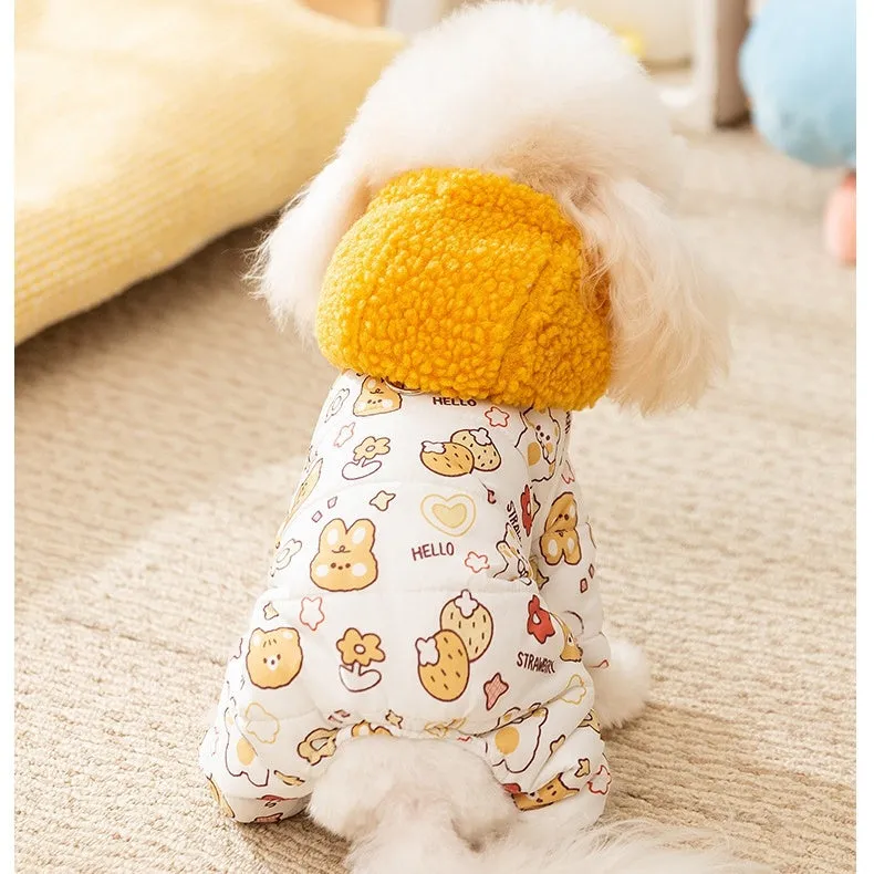 Yellow quilted cotton four-legged dog coat with sherpa hood and animal prints on a small dog