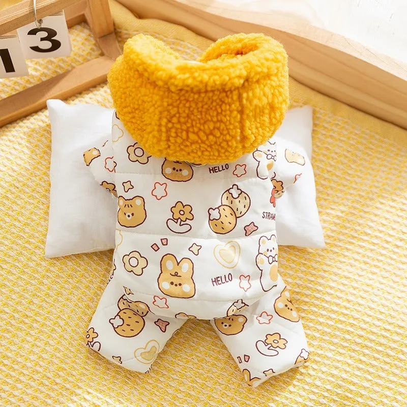 Yellow quilted cotton four-legged dog coat with sherpa hood and animal prints on a small dog