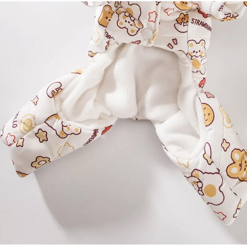 Yellow quilted cotton four-legged dog coat with sherpa hood and animal prints on a small dog