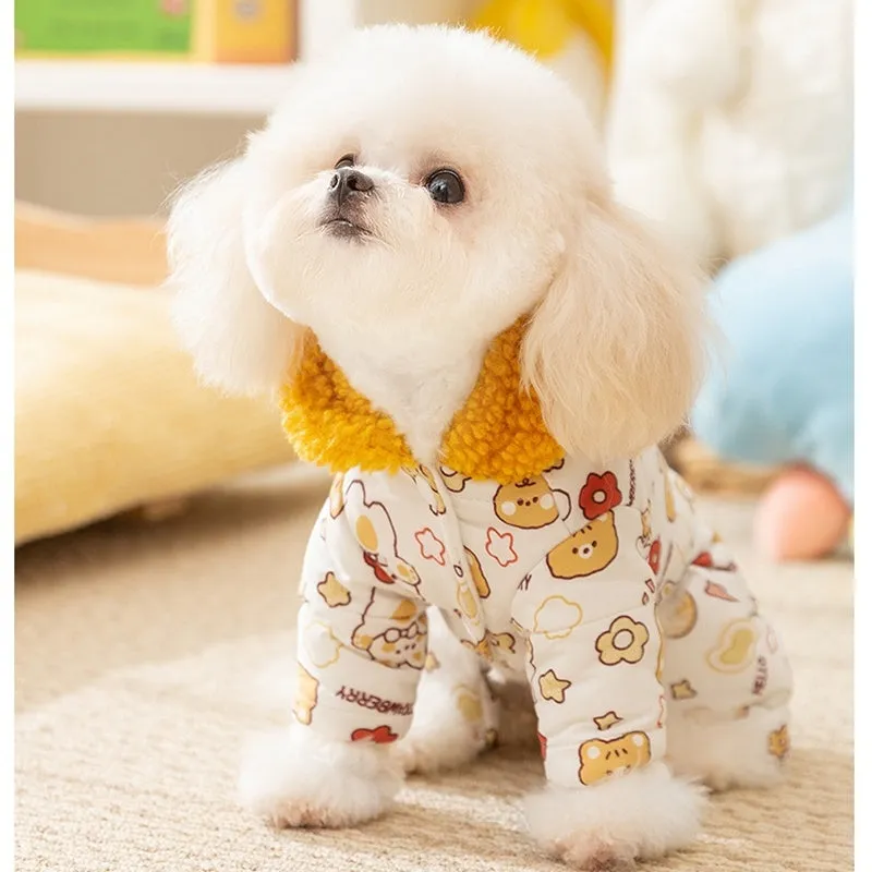 Yellow quilted cotton four-legged dog coat with sherpa hood and animal prints on a small dog