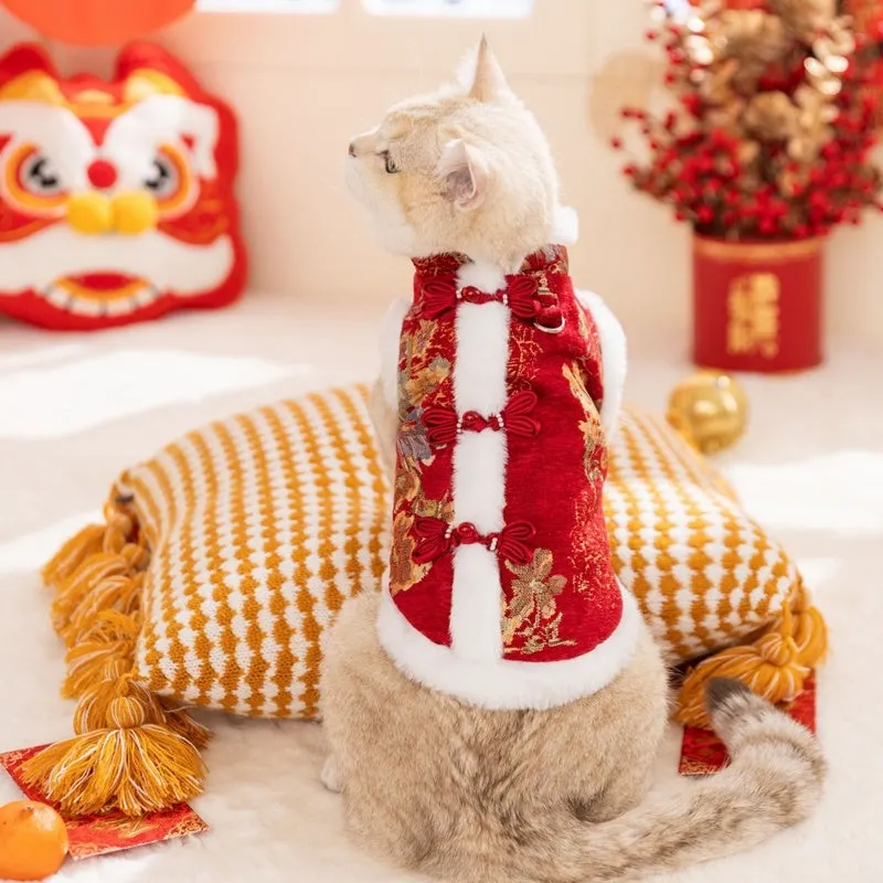 Small dog wearing red and gold brocade Tang suit with frog knot and white fluffy trim for Lunar New Year