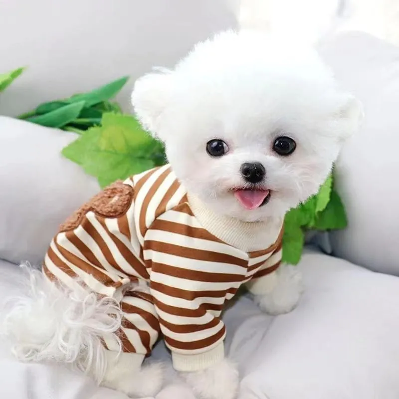 Blue striped bear four-legged pet pyjamas on a small dog with pullover round neck and long sleeves