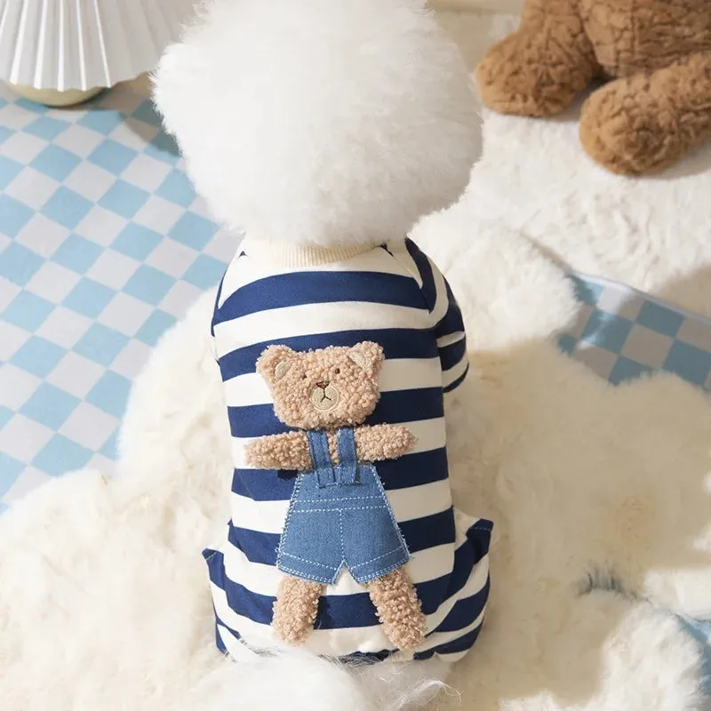 Blue striped bear four-legged pet pyjamas on a small dog with pullover round neck and long sleeves