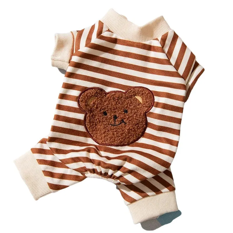 Blue striped bear four-legged pet pyjamas on a small dog with pullover round neck and long sleeves