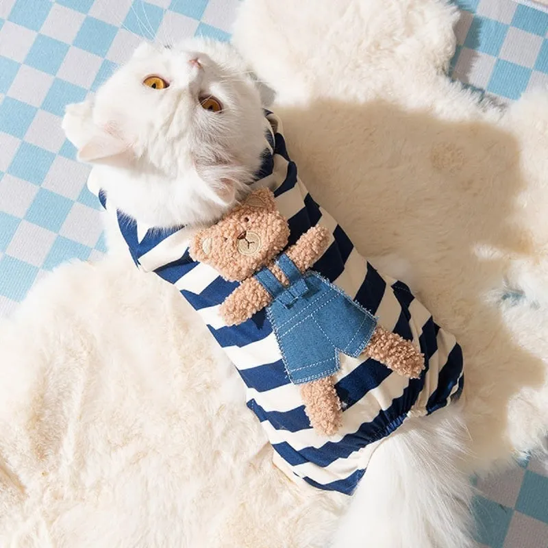 Blue striped bear four-legged pet pyjamas on a small dog with pullover round neck and long sleeves