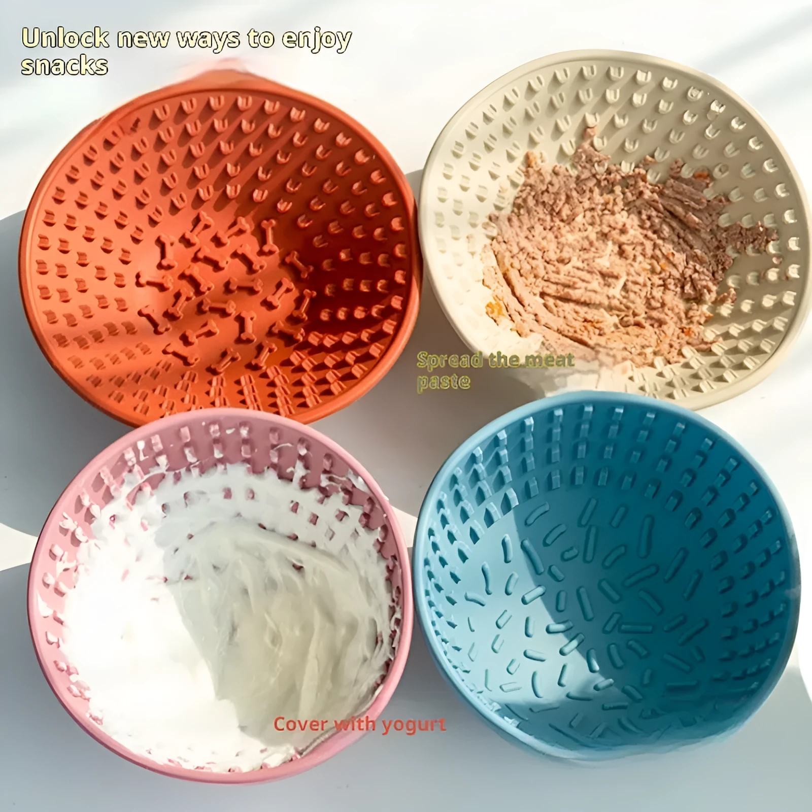 Silicone dog slow feeder bowl with three compartments in coral red colour, 21cm diameter