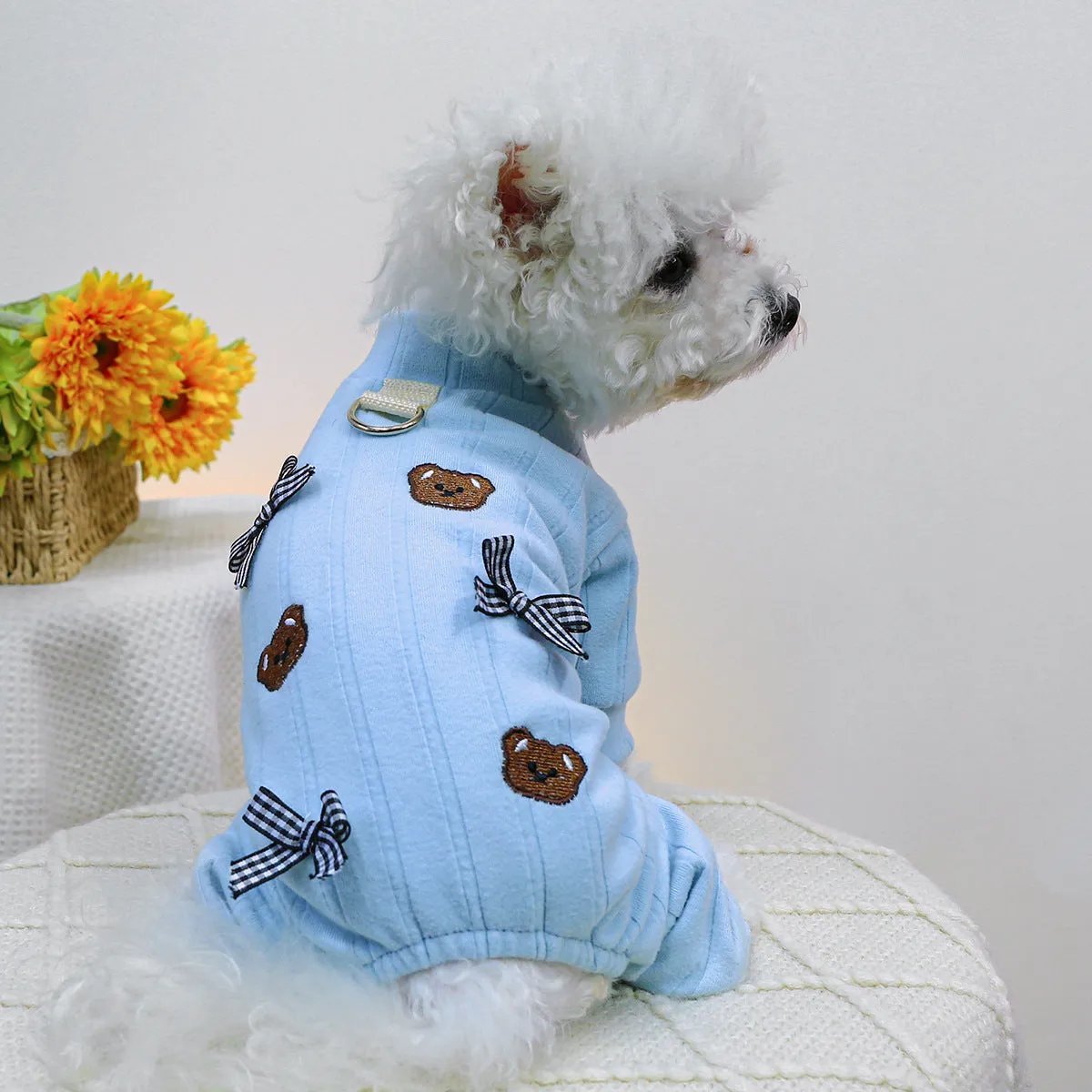 Pet belly-wrap four-legged polyester outfit in various colours including banana, Halloween, and Christmas patterns