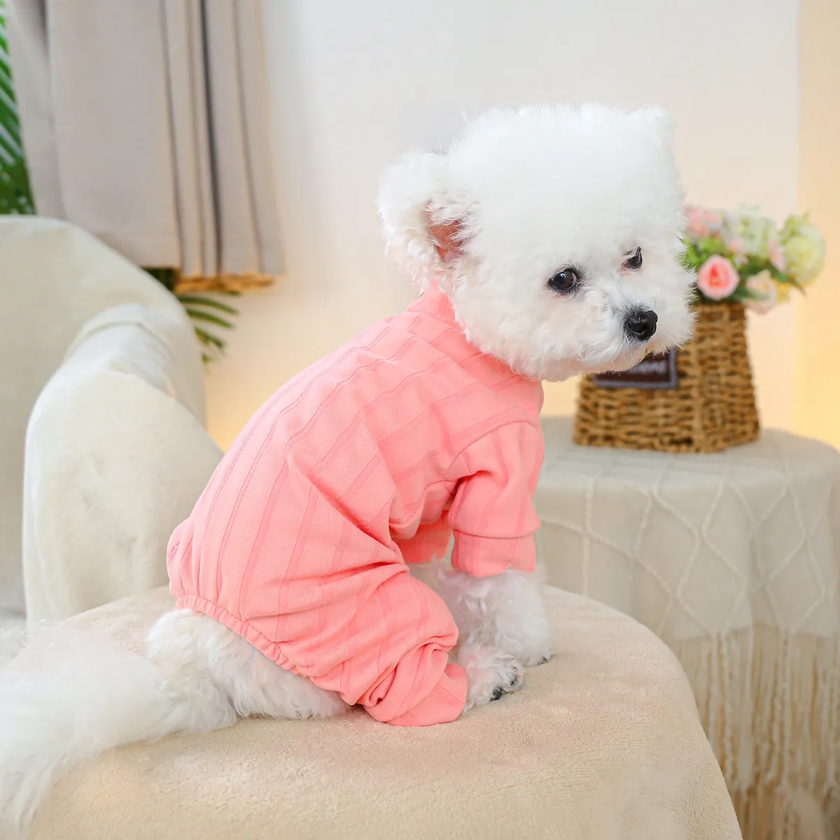 Pet belly-wrap four-legged polyester outfit in various colours including banana, Halloween, and Christmas patterns