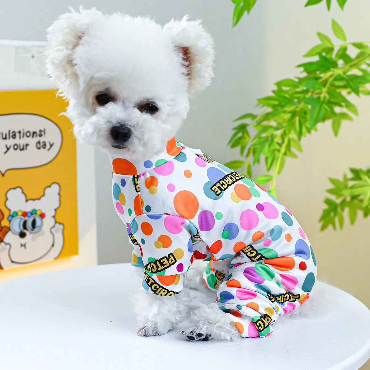 Pet belly-wrap four-legged polyester outfit in various colours including banana, Halloween, and Christmas patterns