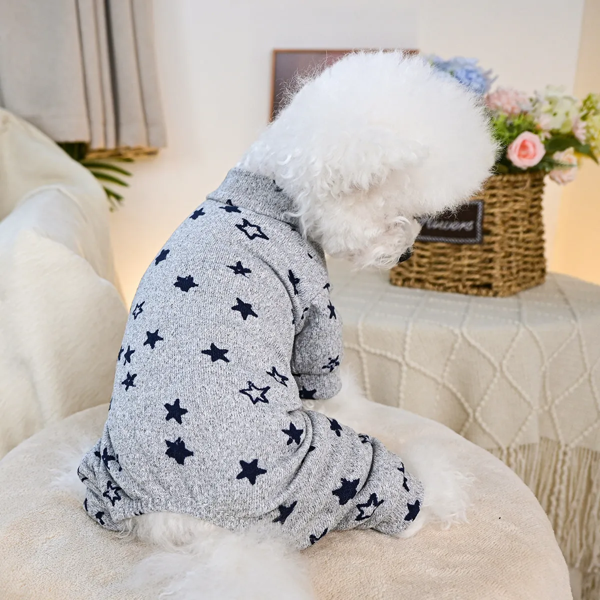 Pet belly-wrap four-legged polyester outfit in various colours including banana, Halloween, and Christmas patterns
