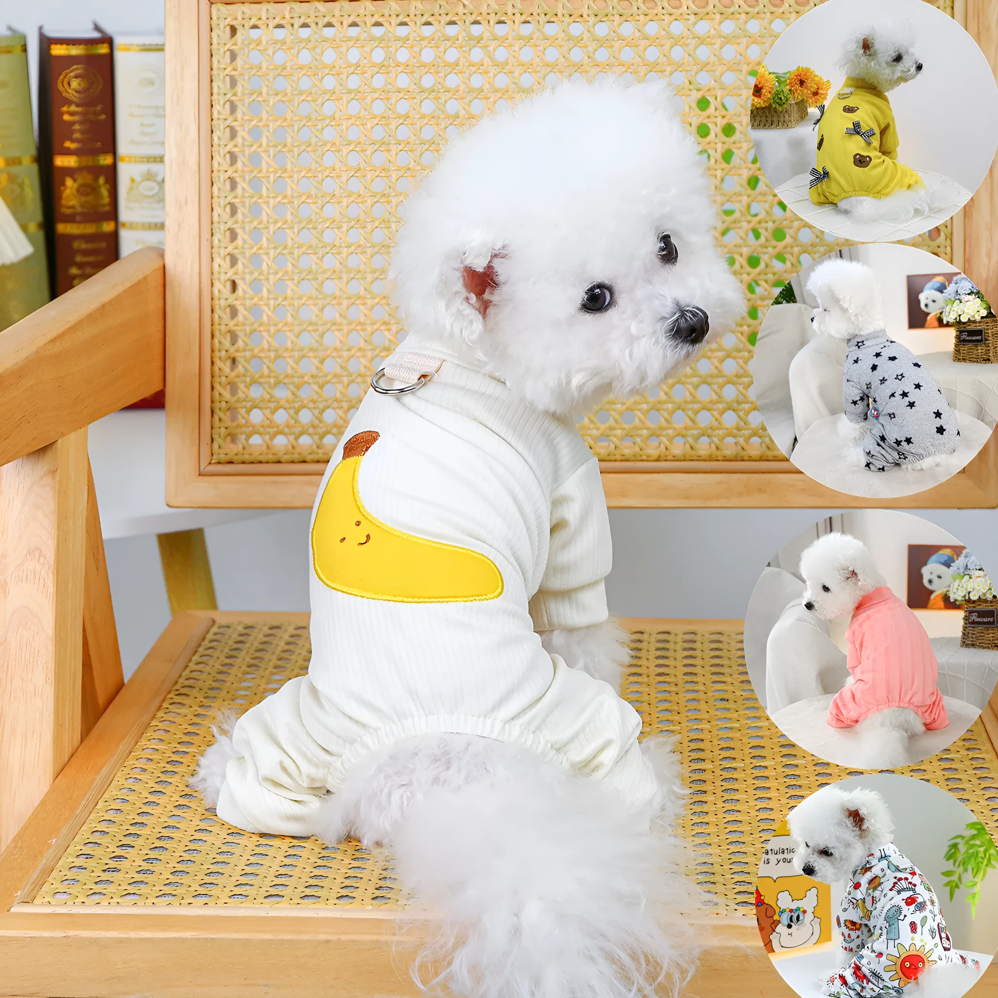 Pet belly-wrap four-legged polyester outfit in various colours including banana, Halloween, and Christmas patterns