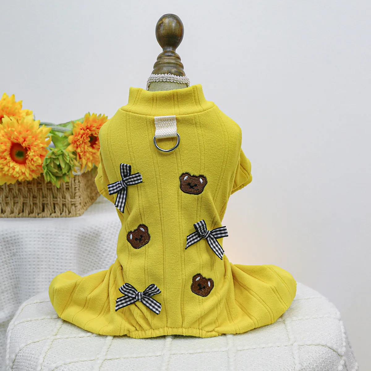 Pet belly-wrap four-legged polyester outfit in various colours including banana, Halloween, and Christmas patterns
