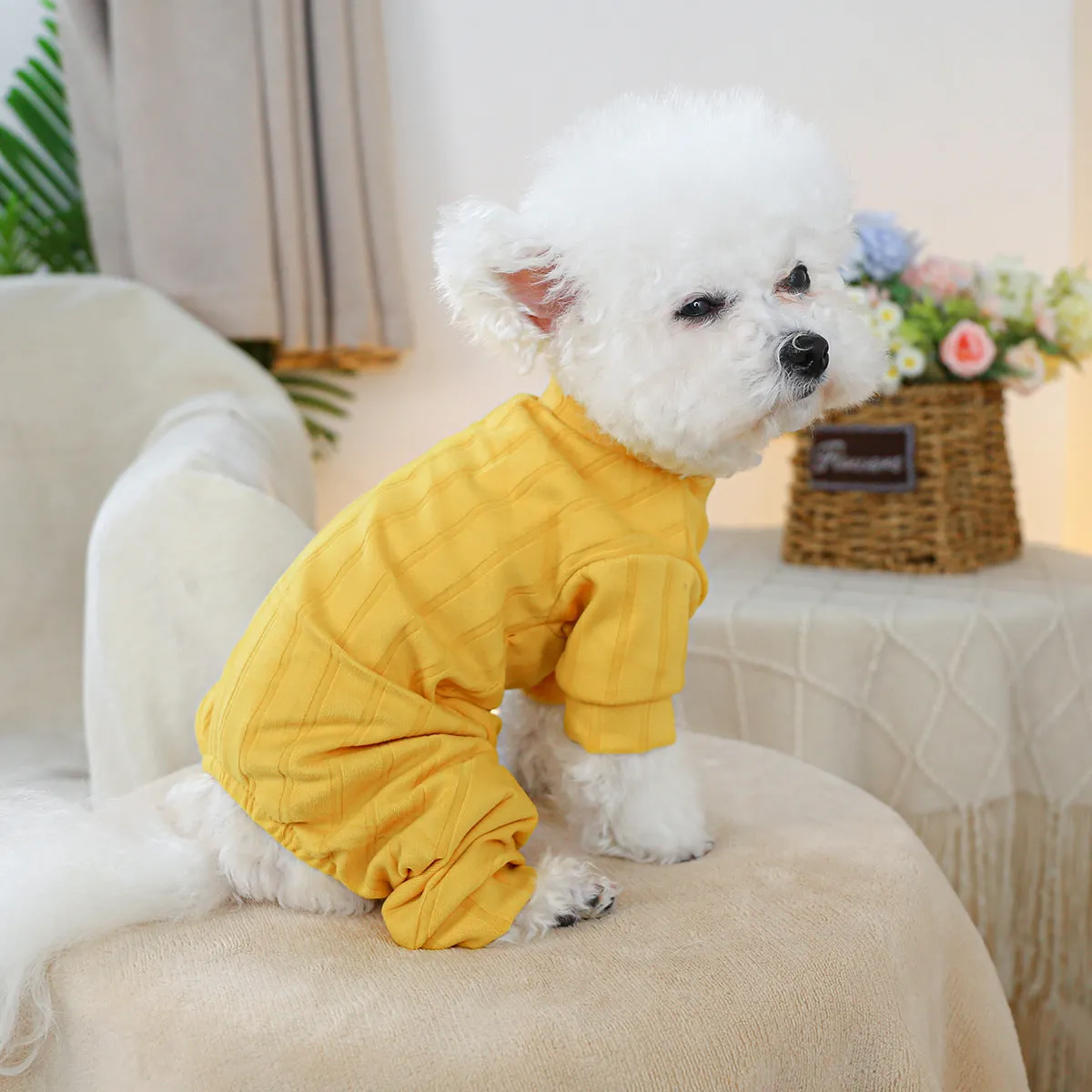 Pet belly-wrap four-legged polyester outfit in various colours including banana, Halloween, and Christmas patterns