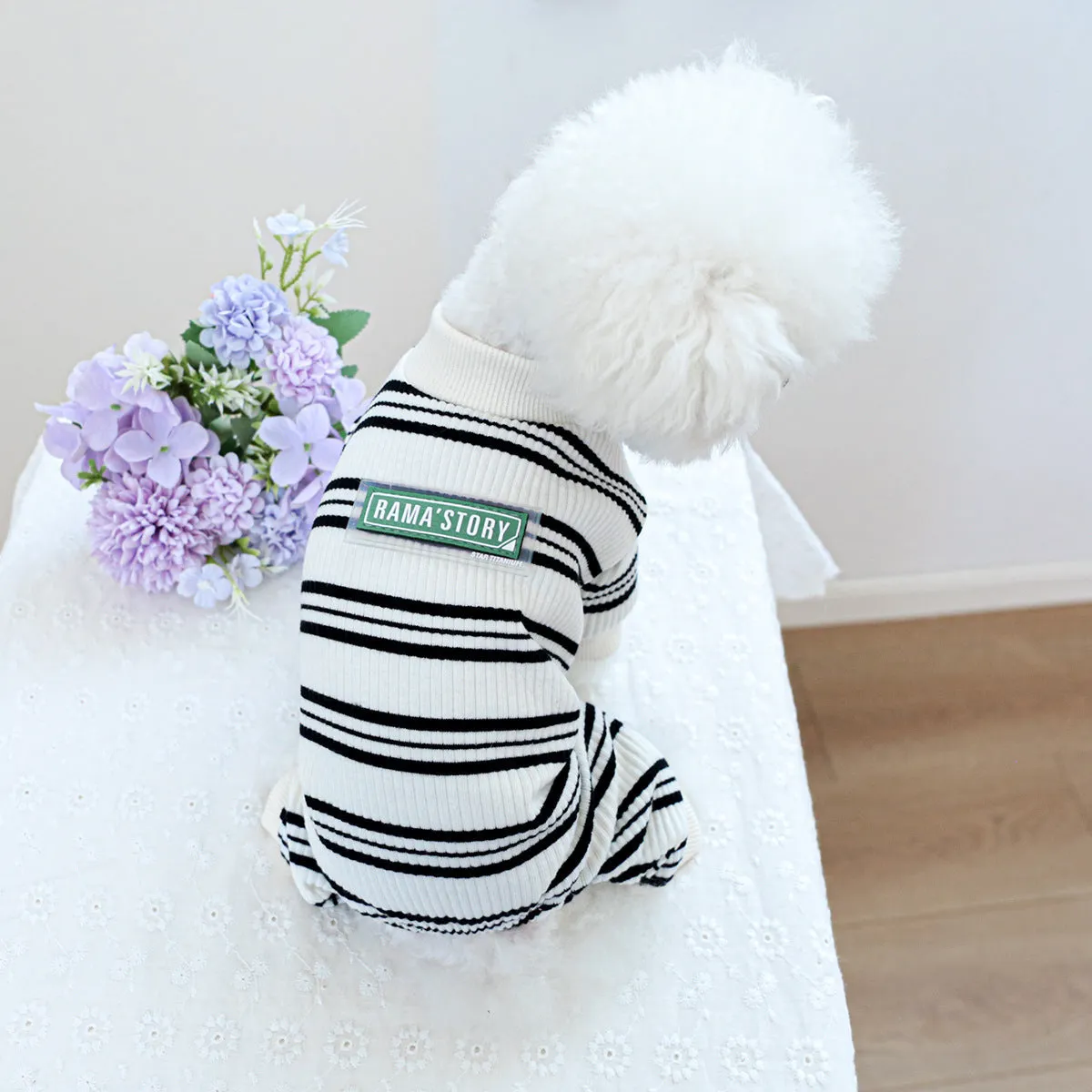 Pet belly-wrap four-legged polyester outfit in various colours including banana, Halloween, and Christmas patterns