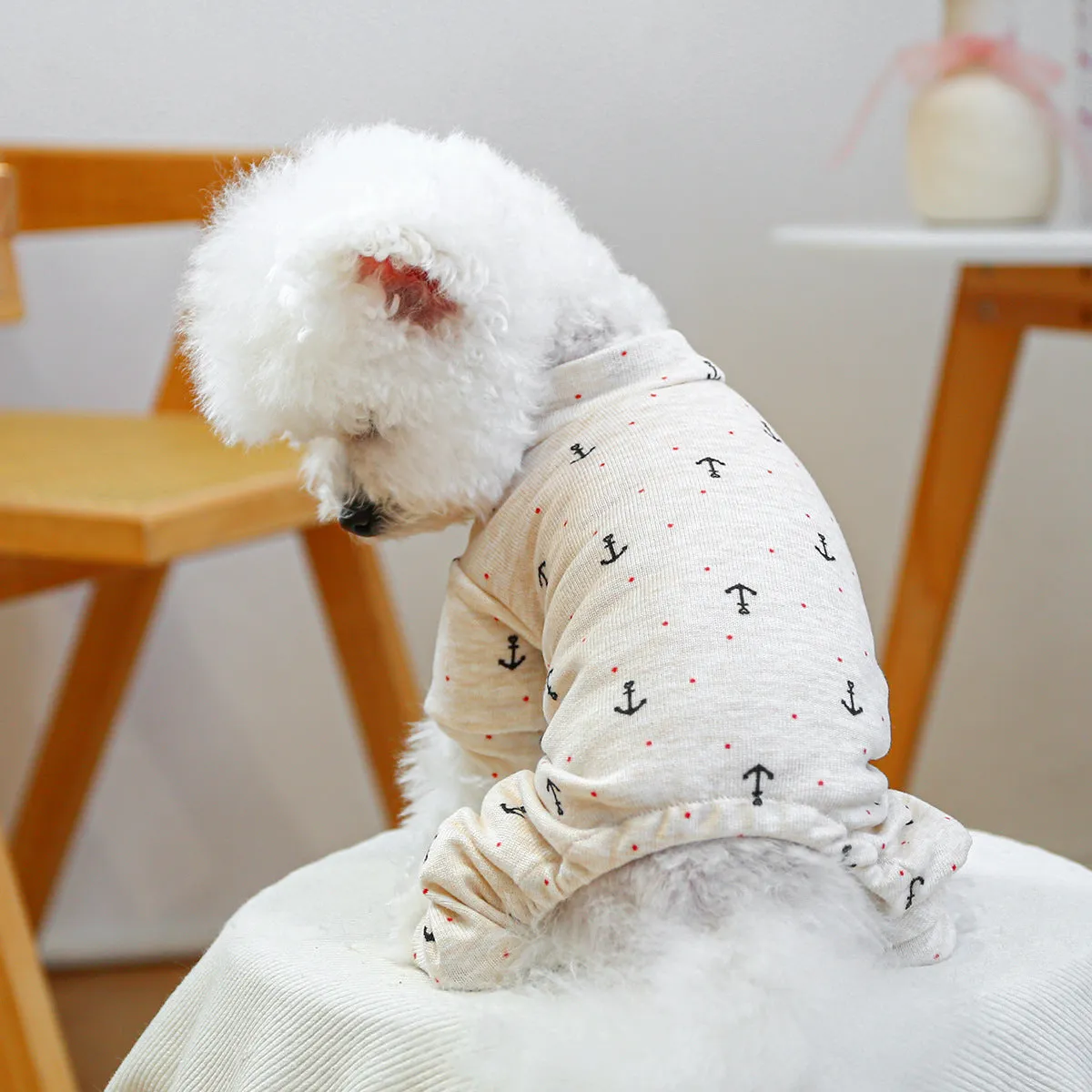 Pet belly-wrap four-legged polyester outfit in various colours including banana, Halloween, and Christmas patterns