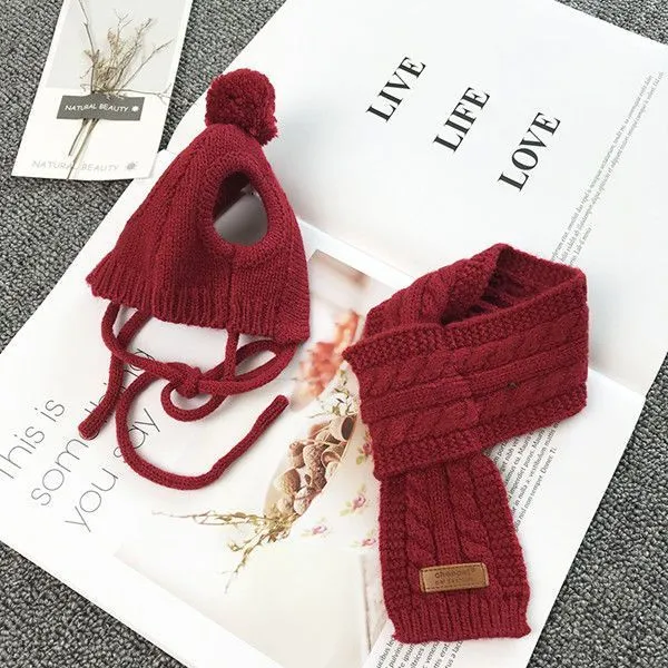 Red wool dog hat and scarf set for small and medium dogs autumn winter