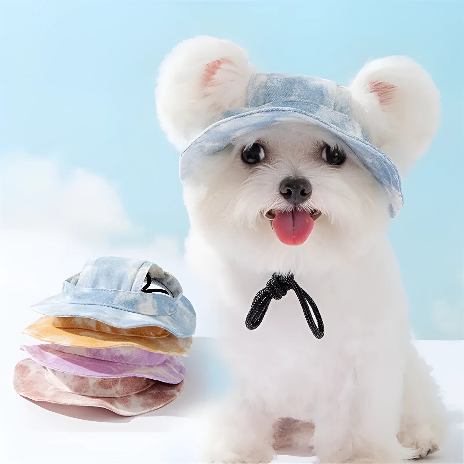 Pet hat with ear holes in blue for small dogs, with adjustable chain rope and tie-dye pattern
