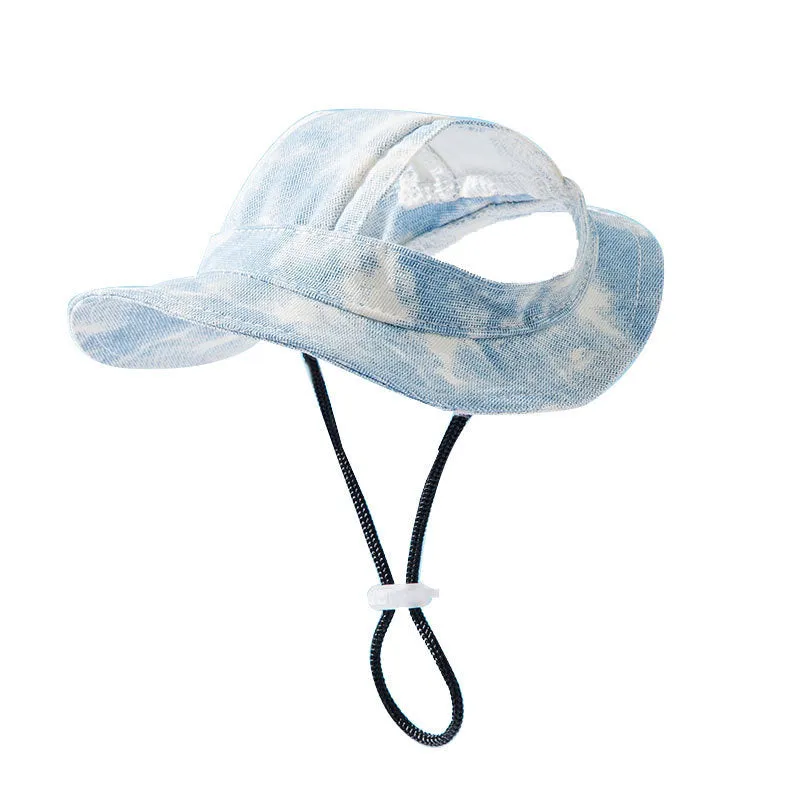 Pet hat with ear holes in blue for small dogs, with adjustable chain rope and tie-dye pattern