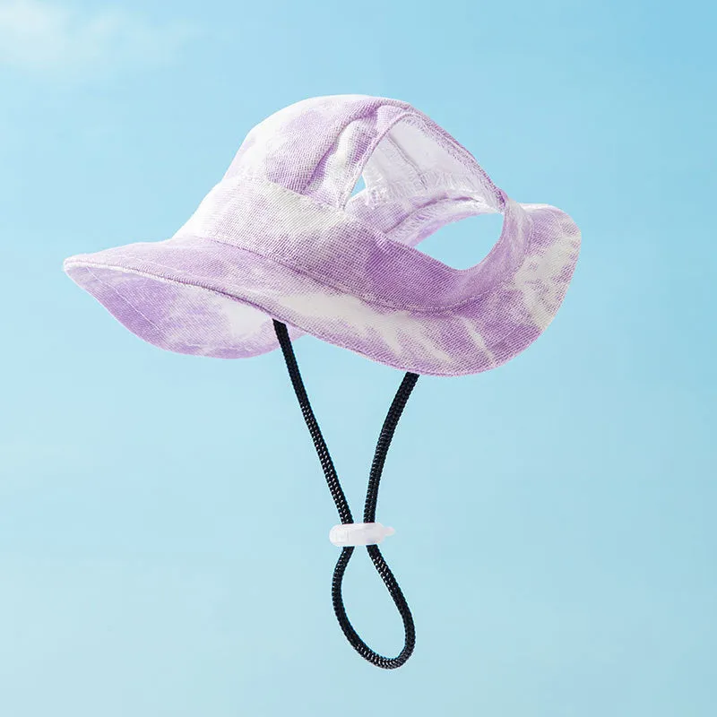 Pet hat with ear holes in blue for small dogs, with adjustable chain rope and tie-dye pattern