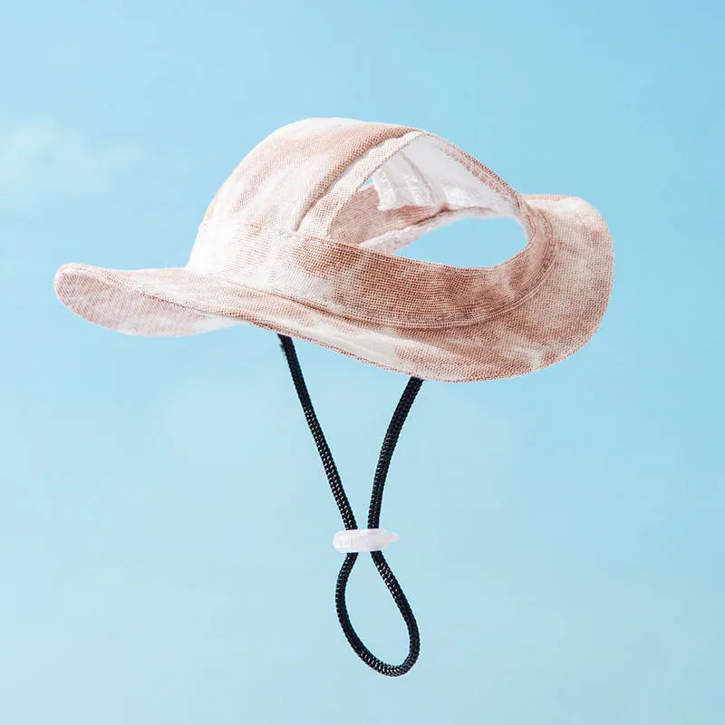 Pet hat with ear holes in blue for small dogs, with adjustable chain rope and tie-dye pattern