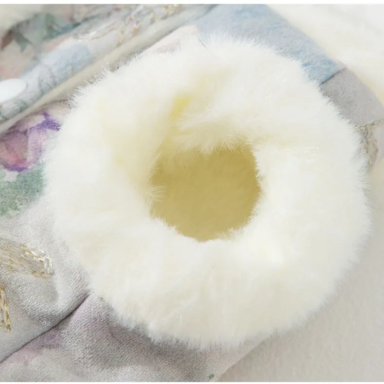 New Chinese-style pet vest with fleece lining, faux fur collar, and traditional knotted tie for small dogs in blue.