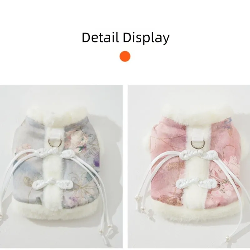 New Chinese-style pet vest with fleece lining, faux fur collar, and traditional knotted tie for small dogs in blue.