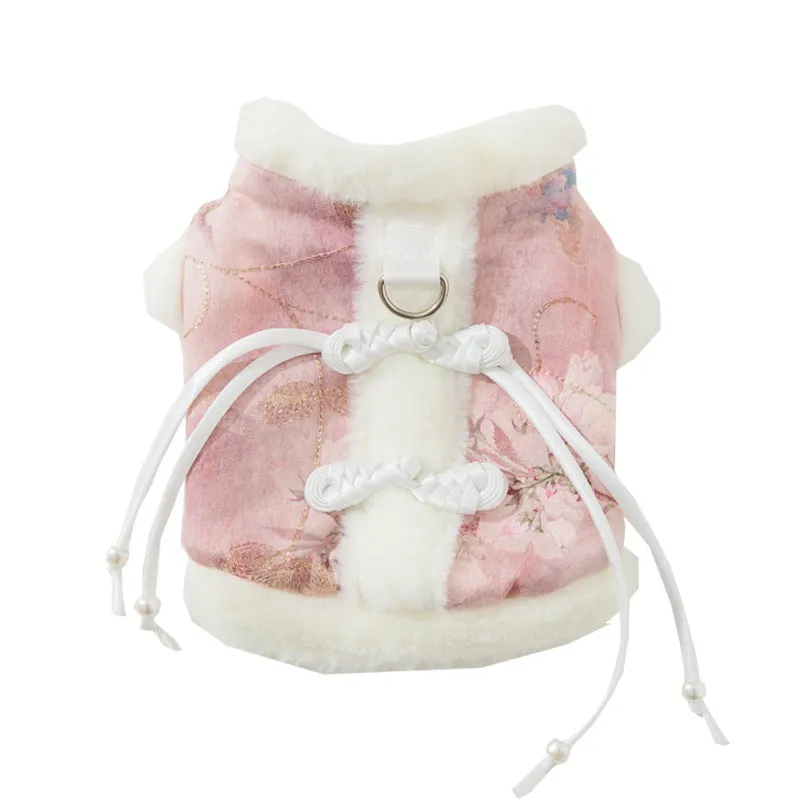 New Chinese-style pet vest with fleece lining, faux fur collar, and traditional knotted tie for small dogs in blue.
