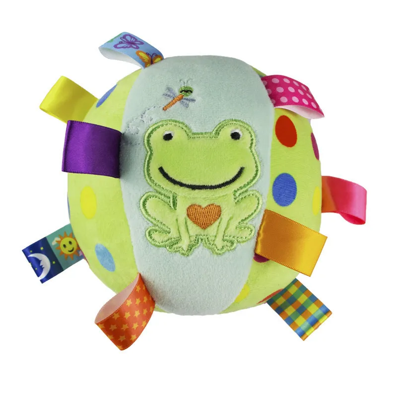 Plush dog sound ringing ball in frog pattern with built-in squeaker for interactive fetch and chew play