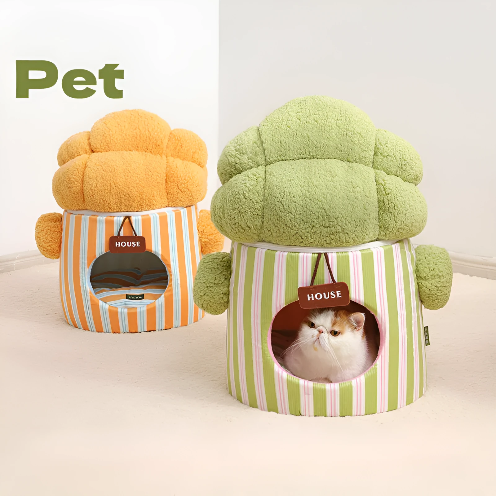 Green cauliflower-shaped enclosed pet house with a round entrance hole for a small dog or cat.